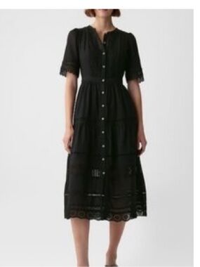 NWT GAP Black Lace-Trim Button Midi Dress